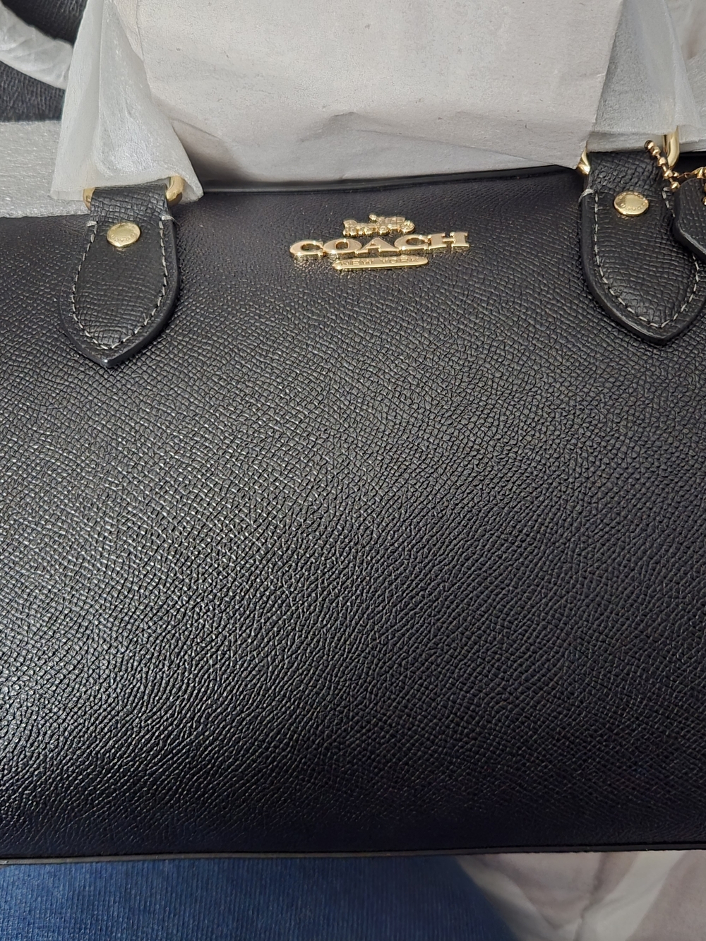 NWT Coach Rowan Black Leather Satchel with Gold Logo Brand Medium Size